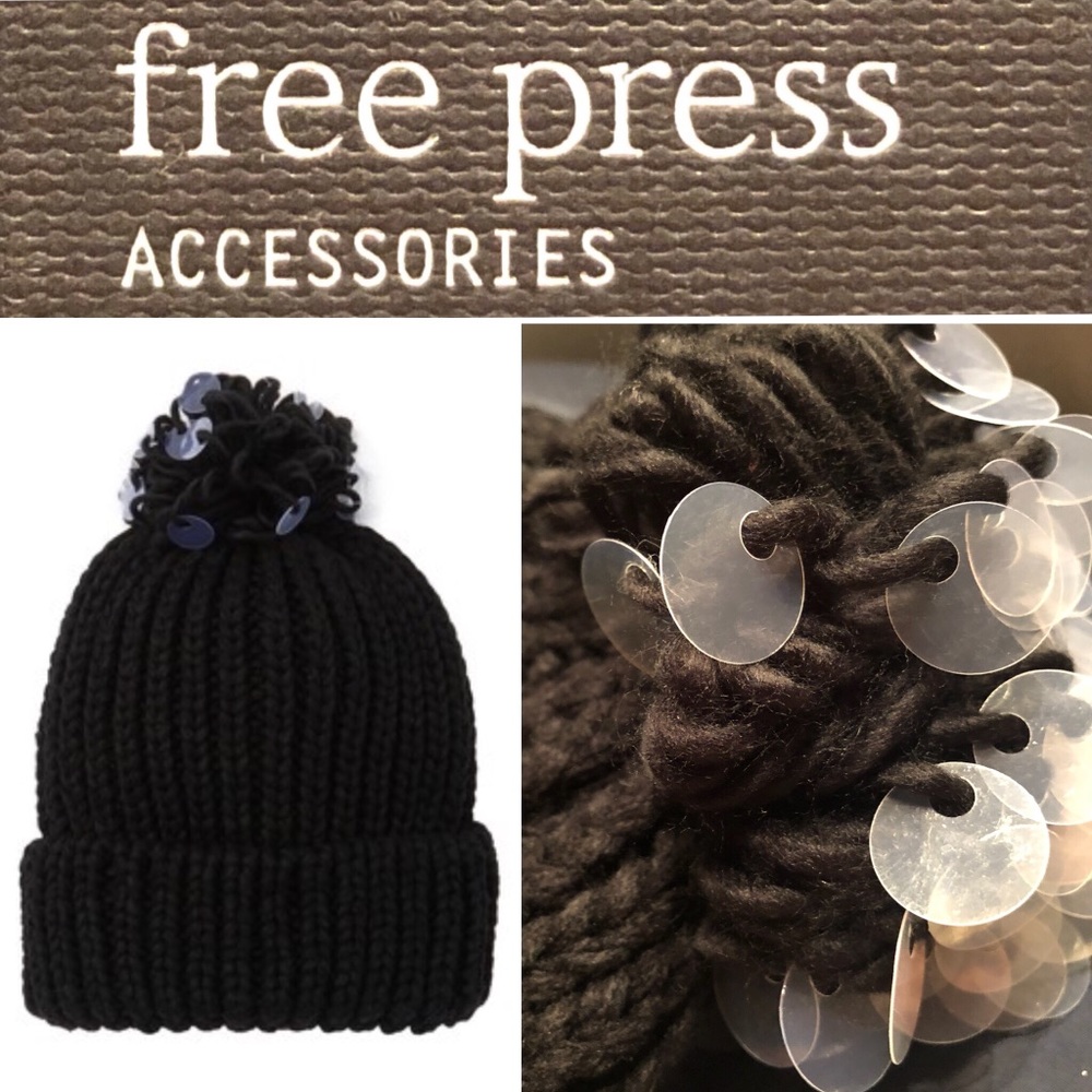 🆕🖤 Sequin Pom Pom Knit Beanie Black FREE PRESS